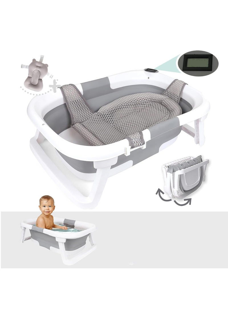 عربست حوض استحمام للأطفال، حوض استحمام للأطفال مع وسادة ناعمة ومقياس حرارة، حوض استحمام للأطفال حديثي الولادة إلى الأطفال الصغار من عمر 0 ​​إلى 36 شهرًا، حوض استحمام محمول للسفر مع شاشة عرض لدرجة الحرارة، رمادي - Image 1