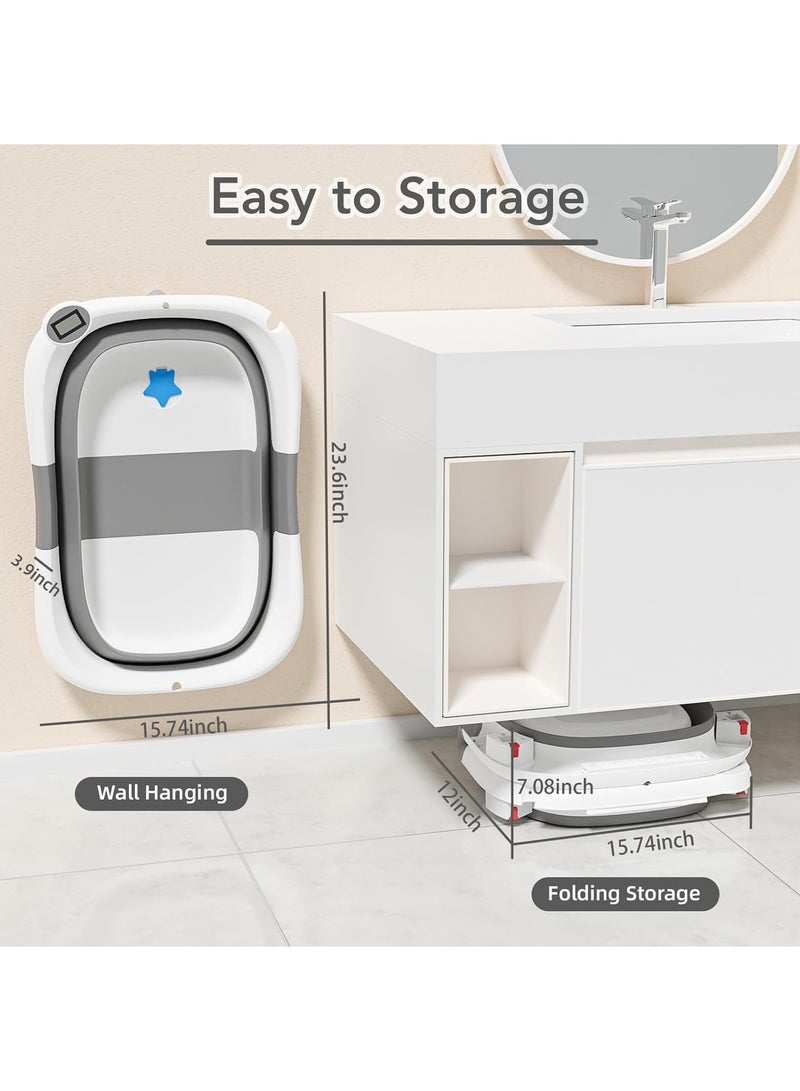 عربست حوض استحمام للأطفال، حوض استحمام للأطفال مع وسادة ناعمة ومقياس حرارة، حوض استحمام للأطفال حديثي الولادة إلى الأطفال الصغار من عمر 0 ​​إلى 36 شهرًا، حوض استحمام محمول للسفر مع شاشة عرض لدرجة الحرارة، رمادي - Image 5