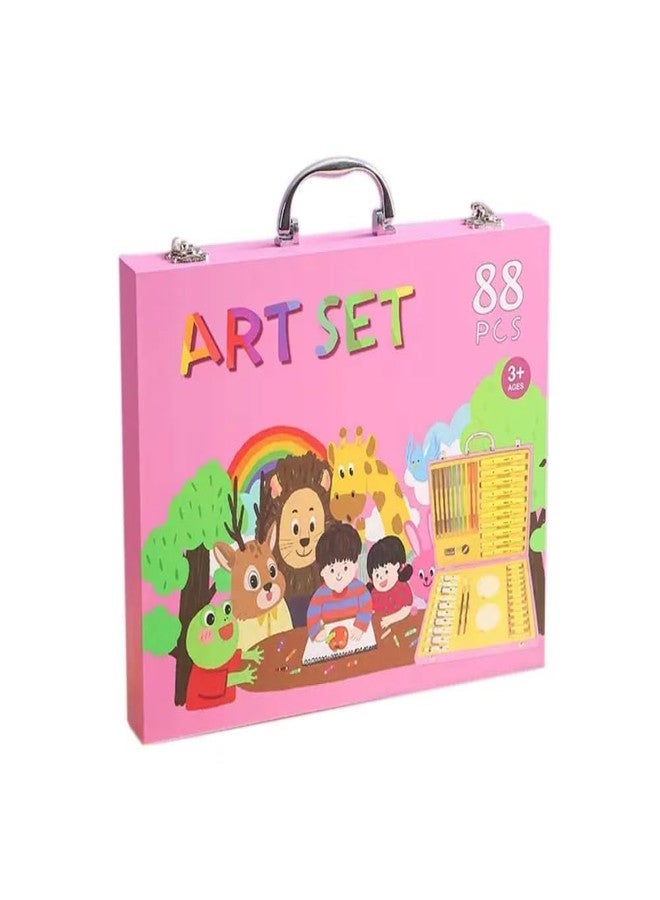 Invite Enterprise Portable Art Set- Drawing Art Supplies Includes Oil Pastels, Colored Pencils, Watercolor Pens, Watercolors For Kids & Adults(88 Pcs,Pink) - Image 1