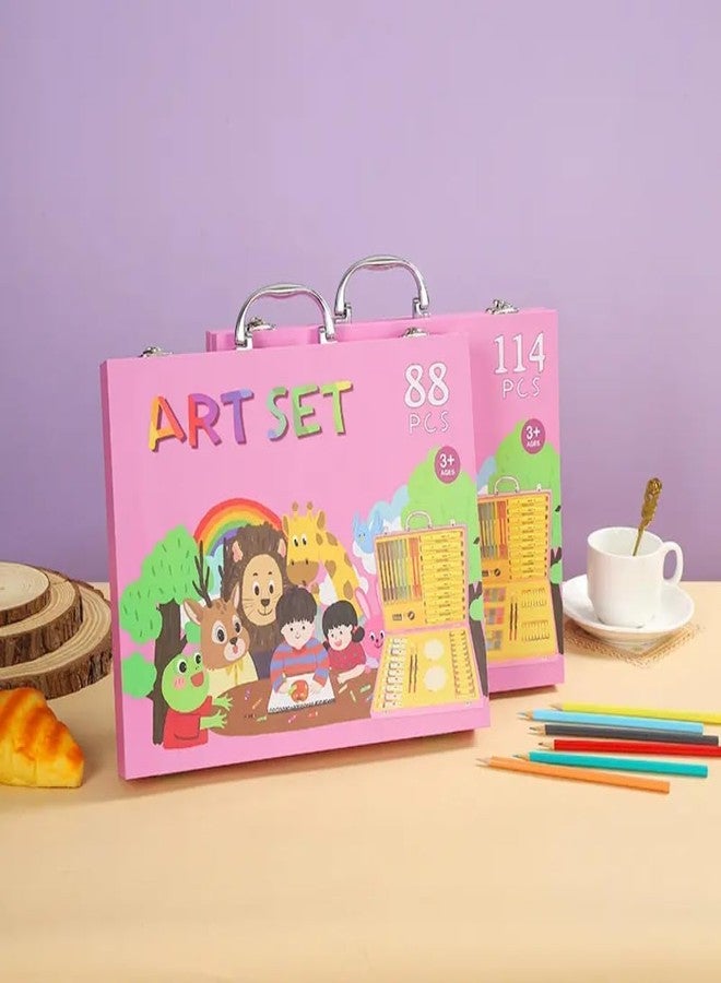 Invite Enterprise Portable Art Set- Drawing Art Supplies Includes Oil Pastels, Colored Pencils, Watercolor Pens, Watercolors For Kids & Adults(88 Pcs,Pink) - Image 4