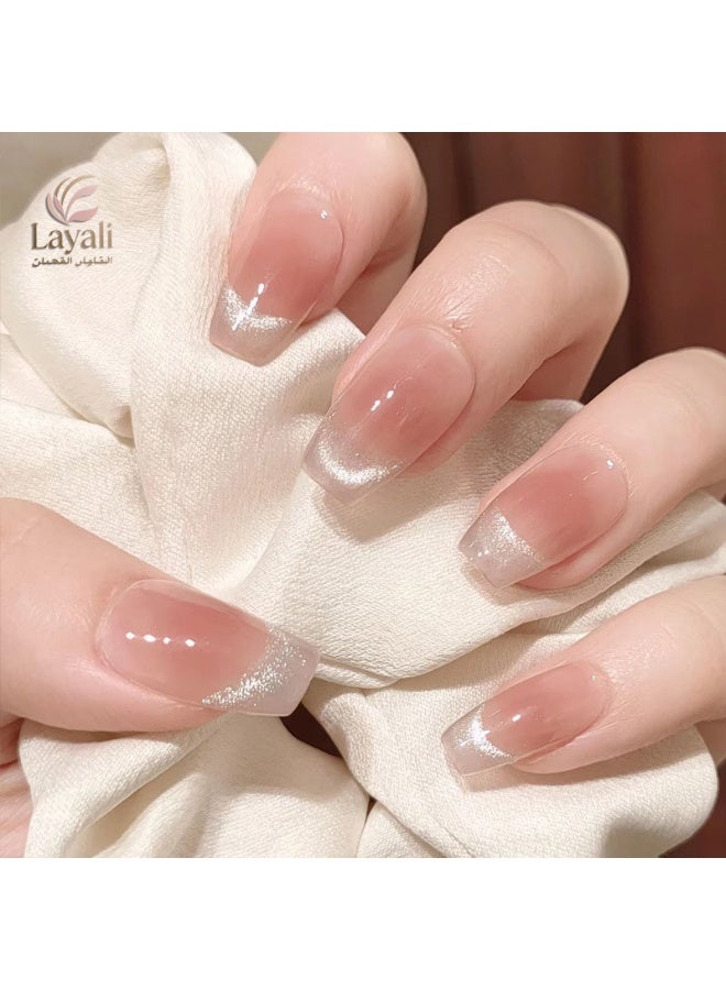 Layali 30 PCS Gradient Pink Press On Nails, Oval ABS Short Nails, Clear Jelly Gel, Reusable Glossy UV Gel False Nails, Split Into 3 Pairs, Easy Application for Daily & Party(15 Sizes) - Image 1