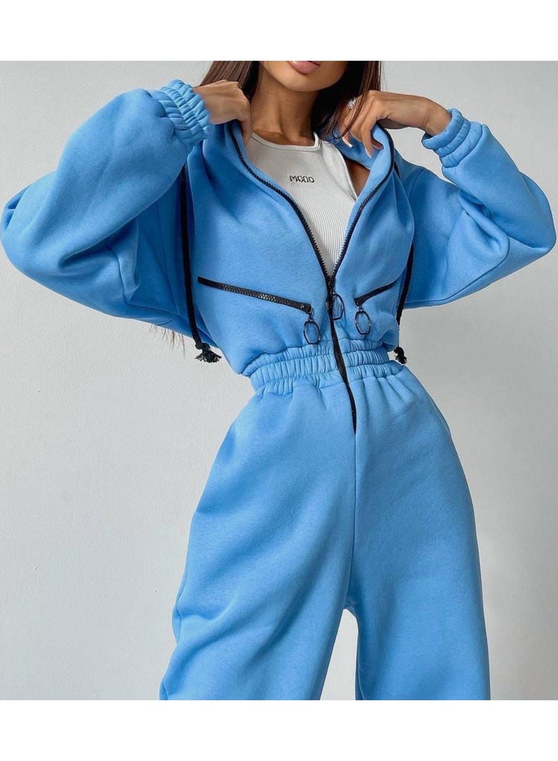 NIBEMINENT جمبسوت بغطاء رأس وسحّاب ورباط، حذاء طويل بجيب بسحّاب، جمبسوت رياضي غير رسمي من قطعة واحدة، ملابس نسائية - Image 2