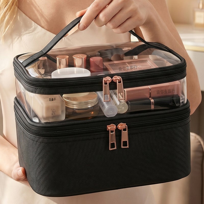 Transparent Double-Layer Cosmetic Bag, Waterproof Toiletry Bag with Multi-functional Storage - Image 4