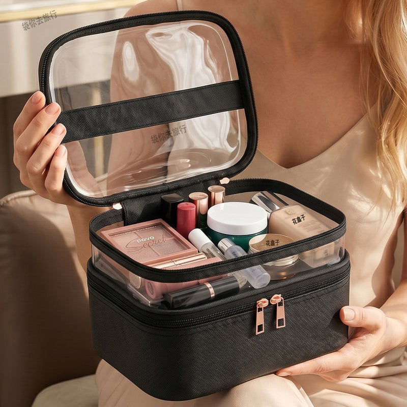 Transparent Double-Layer Cosmetic Bag, Waterproof Toiletry Bag with Multi-functional Storage - Image 3