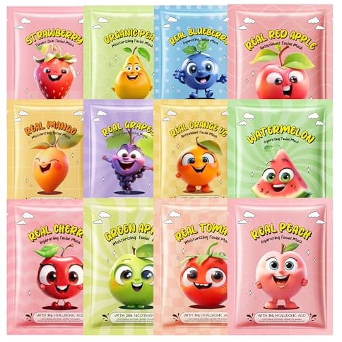 firstfly 12 Pack Fruit Face Masks for Teen Girls, Bulk Hydrating Face Mask Spa Party Favors for Kids Women, Sheet Facial Mask Skincare Gifts Set, Birthday Party Spa Supplies for Girls - Image 1