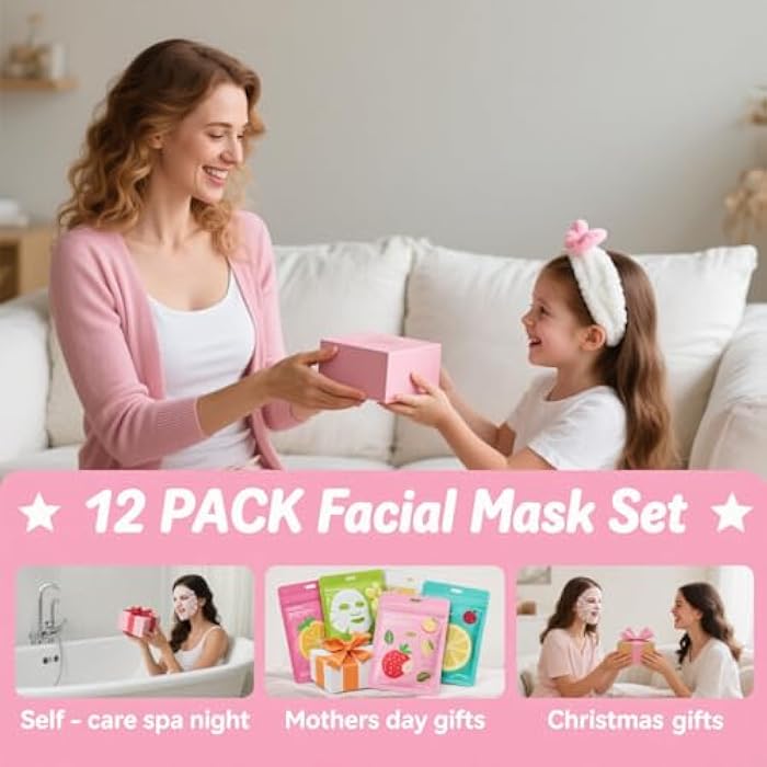 firstfly 12 Pack Fruit Face Masks for Teen Girls, Bulk Hydrating Face Mask Spa Party Favors for Kids Women, Sheet Facial Mask Skincare Gifts Set, Birthday Party Spa Supplies for Girls - Image 5