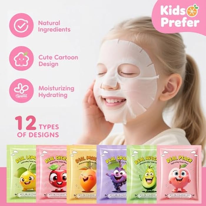firstfly 12 Pack Fruit Face Masks for Teen Girls, Bulk Hydrating Face Mask Spa Party Favors for Kids Women, Sheet Facial Mask Skincare Gifts Set, Birthday Party Spa Supplies for Girls - Image 2