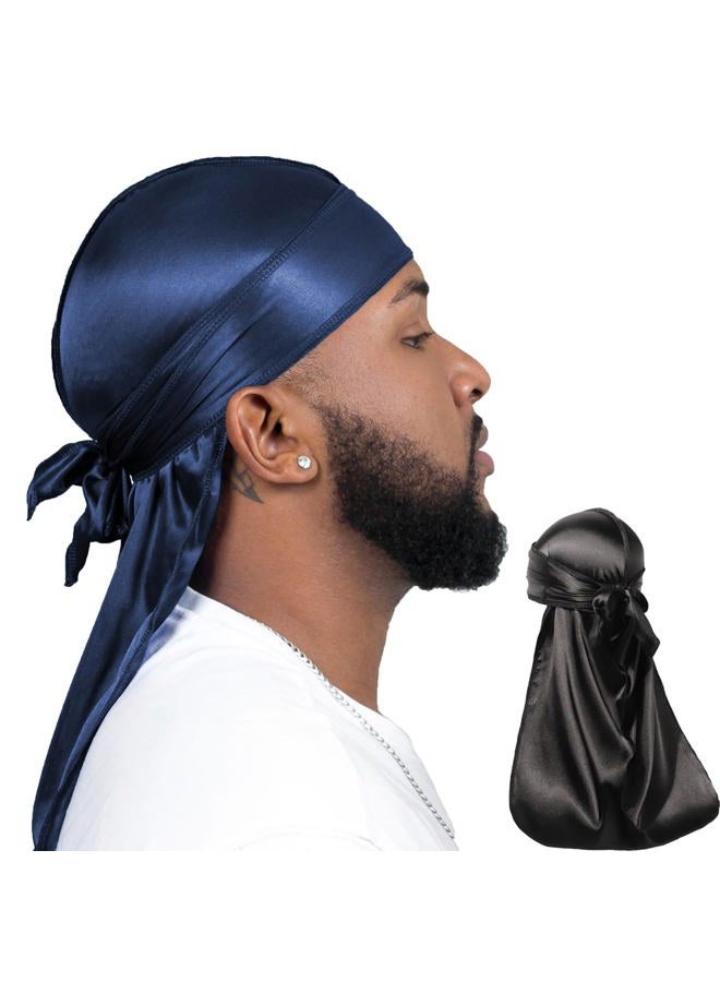 ForceWave 2 Pieces Silky Durag Pack for Men Women Waves, Premium Satin Deluxe Du-rag, Black+navy, One size - Image 1