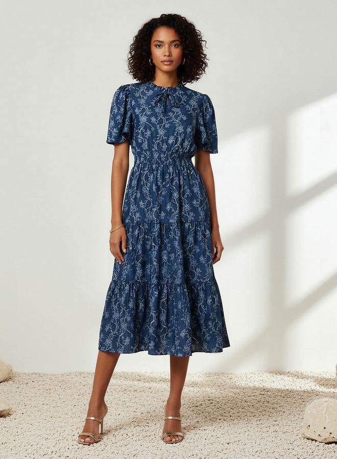 سبلاش فيڤ فستان ميدي فيسكوز بطبقات وأكمام مكشكشة - Image 1