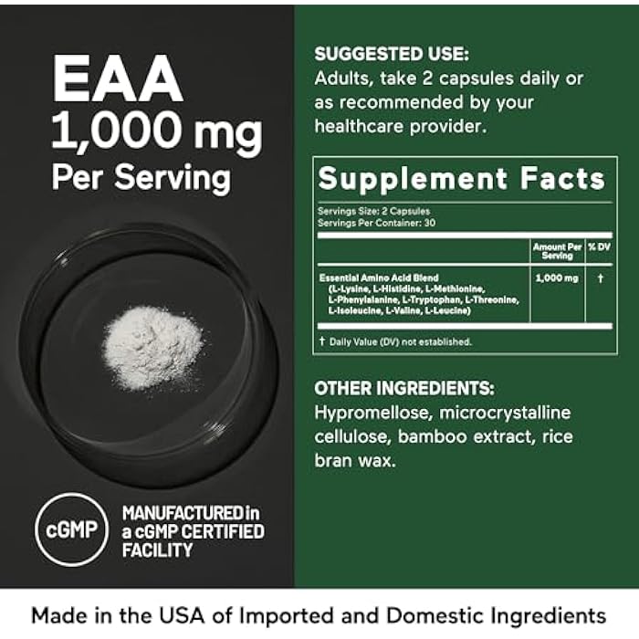 SMARTERNUTRITION Essential Amino Acids (EAA) Capsules - 1 Gram Per Serving of All 9 EAAs - Supports Muscle Mass & Exercise - Non-GMO, Vegan, Gluten Free - 60 Count[30-Day Supply] - Image 4