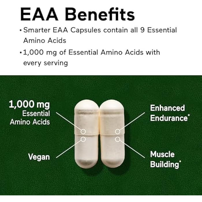 SMARTERNUTRITION Essential Amino Acids (EAA) Capsules - 1 Gram Per Serving of All 9 EAAs - Supports Muscle Mass & Exercise - Non-GMO, Vegan, Gluten Free - 60 Count[30-Day Supply] - Image 3