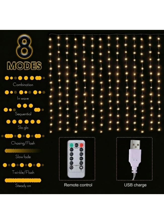 Meonum Christmas Lights Indoor Decoration, Curtain String Lights Backdrop, 6.6 x4.9 Ft Fairy String Lights with Remote, 8 Modes Window Wall Hanging String Lights for Christmas Bedroom Tapestry (Warm White) - Image 3