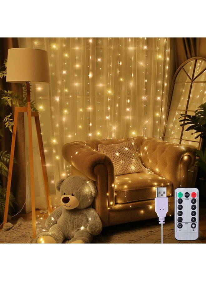 Meonum Christmas Lights Indoor Decoration, Curtain String Lights Backdrop, 6.6 x4.9 Ft Fairy String Lights with Remote, 8 Modes Window Wall Hanging String Lights for Christmas Bedroom Tapestry (Warm White) - Image 1
