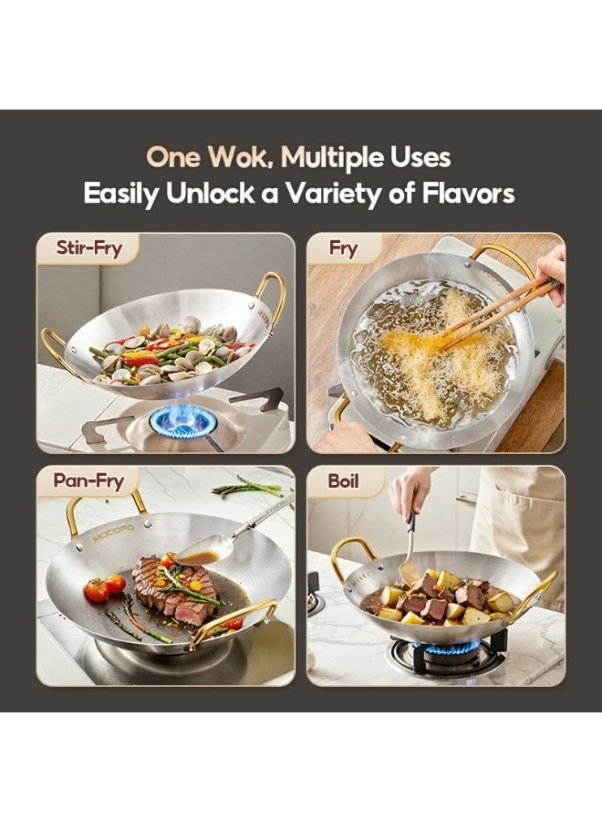 MODOFO 32CM Stainless Steel Double Ear Wok | Large Non-Stick Frying Pan | Kitchen Use - Image 3