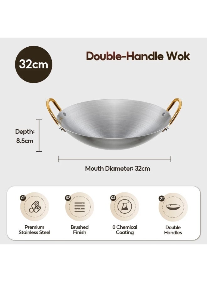 MODOFO 32CM Stainless Steel Double Ear Wok | Large Non-Stick Frying Pan | Kitchen Use - Image 1