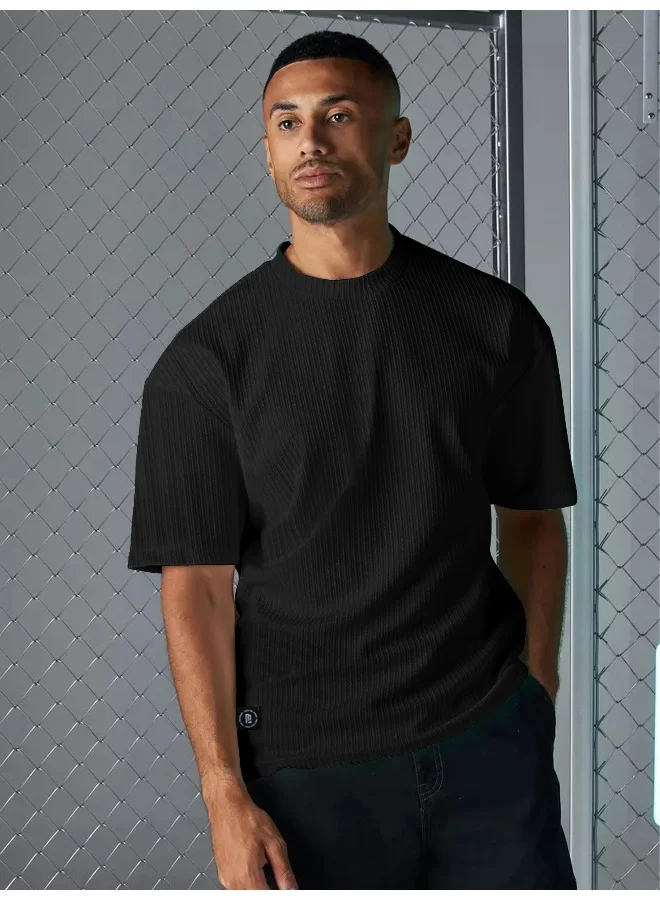 مانياك تيشيرت رجالي أسود سادة قطن مبرد بقصة واسعة وأكمام 3/4