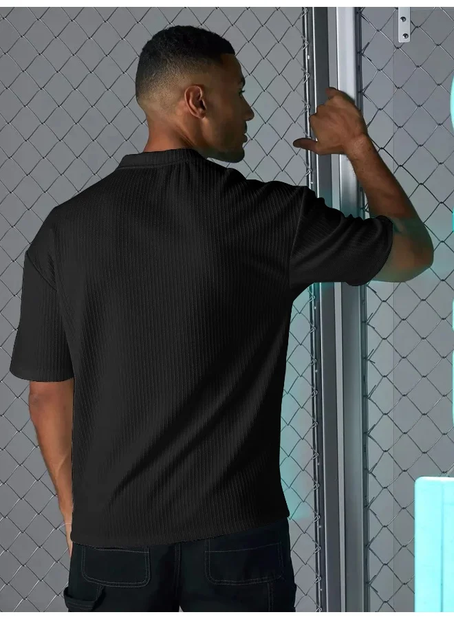 مانياك تيشيرت رجالي أسود سادة قطن مبرد بقصة واسعة وأكمام 3/4