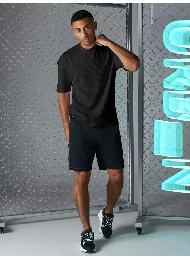 Maniac  Maniac Mens Solid Round Neck Half Sleeve Black Seersucker CottonBlend Oversized T-Shirt for Men | Best Price UAE