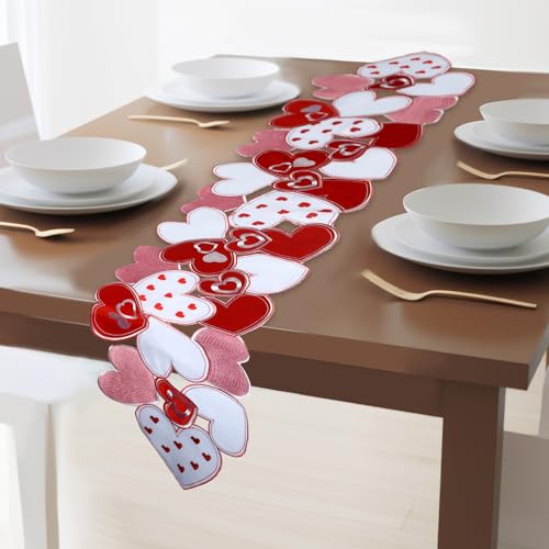 WovWeave Valentines Day Table Runner 14 x 69 Inch Embroidered Love Heart Runner Mat Cover Valentines Table Centerpieces Decorations for Wedding Dining Home Kitchen Party - Image 2