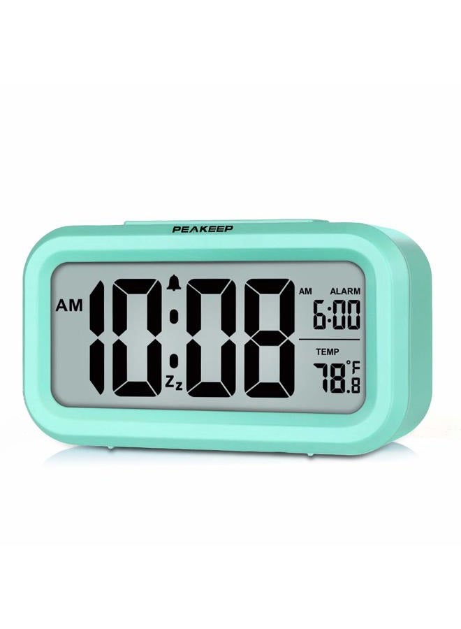 Peakeep Night Light Digital Alarm Clock Battery Operated with Indoor Temperature, Desk Small Clock (Mint) - Image 1