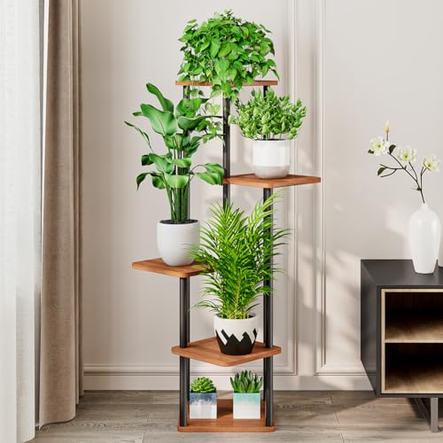 AZERPIAN Plant Stand 5 Tier Indoor Metal Flower Shelf for Multiple Plants Corner Tall Flower Holders for Patio Garden Living Room Balcony Bedroom, Walnut (5 Tier-Walnut) - Image 3