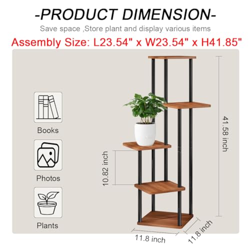 AZERPIAN Plant Stand 5 Tier Indoor Metal Flower Shelf for Multiple Plants Corner Tall Flower Holders for Patio Garden Living Room Balcony Bedroom, Walnut (5 Tier-Walnut) - Image 4