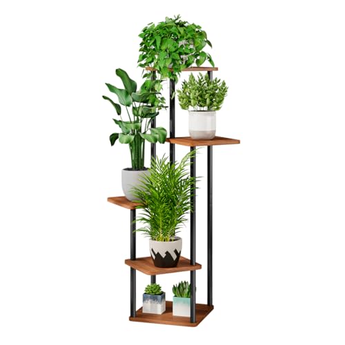 AZERPIAN Plant Stand 5 Tier Indoor Metal Flower Shelf for Multiple Plants Corner Tall Flower Holders for Patio Garden Living Room Balcony Bedroom, Walnut (5 Tier-Walnut) - Image 1