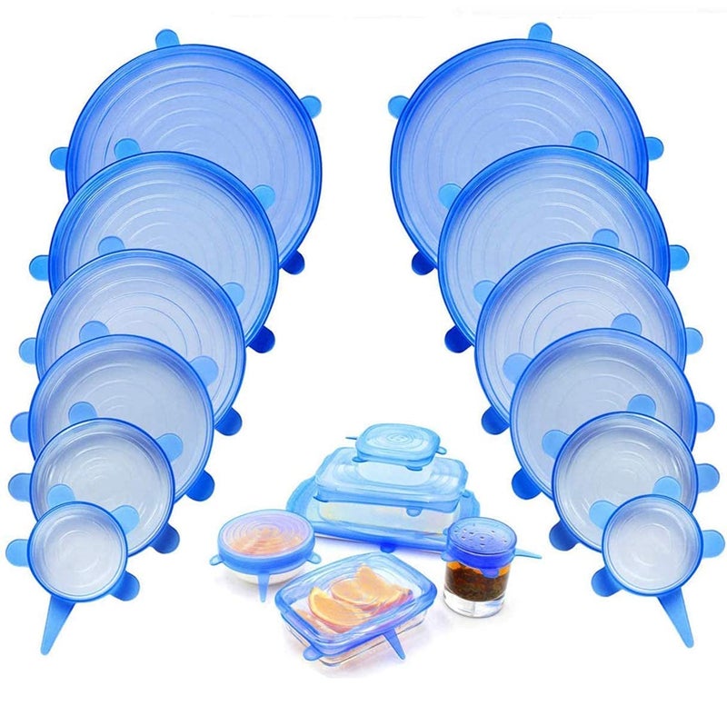 PRETOX 12 pcs Reusable Silicone Stretch Lids, Durable Food Storage Covers for Bowls, Fit Different Sizes & Shapes of Container, Dishwasher & Freezer Safe, White & Blue (6 pcs + 6 pcs = 12 pcs) - Image 1