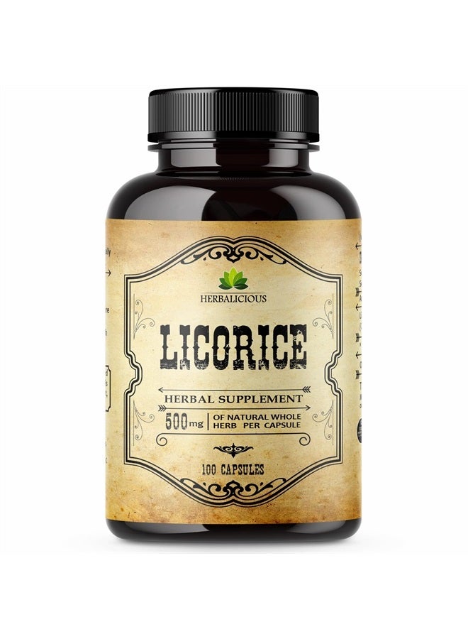 HERBALICIOUS Licorice Root Extract - Glycyrrhiza Glabra - Organic Herbal Supplement for Digestion Restore Respiratory Health Fatigue & Immunity Support DGL Tablets Gluten Free - 100 Capsules  - Image 1