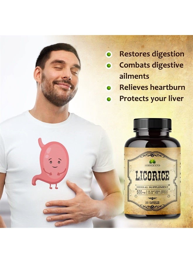 HERBALICIOUS Licorice Root Extract - Glycyrrhiza Glabra - Organic Herbal Supplement for Digestion Restore Respiratory Health Fatigue & Immunity Support DGL Tablets Gluten Free - 100 Capsules  - Image 2