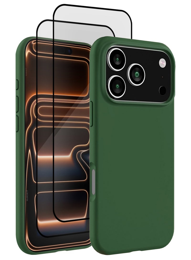 3 Packs Silicone Protective Phone Case for iPhone 17 Pro - Soft Anti-Scratch Microfiber Lining Utra Slim Drop Protection Phone Cover with Two 3D Screen Protectors - Green