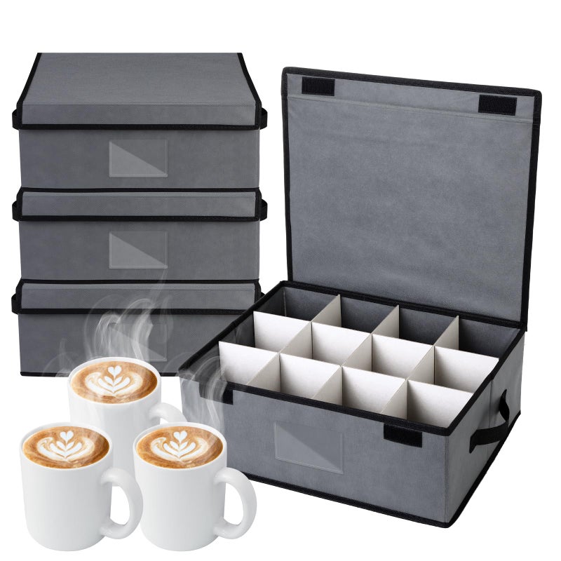Suzile 4 Pack Cup and Mug Storage Box with Dividers Wine Glass Storage Box with Dividers Lid and Handle Holds 48 Coffee Mugs and Tea Cups for Glassware Protection Moving