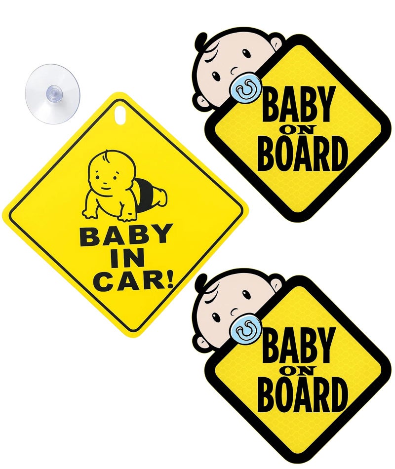 AGMITRAKA Baby On Board Car Sticker, 3 Pack Removable Safety Warning Decals with Suction Cups for Vehicles, High Visibility Alert Sign for Child Safety - Image 1