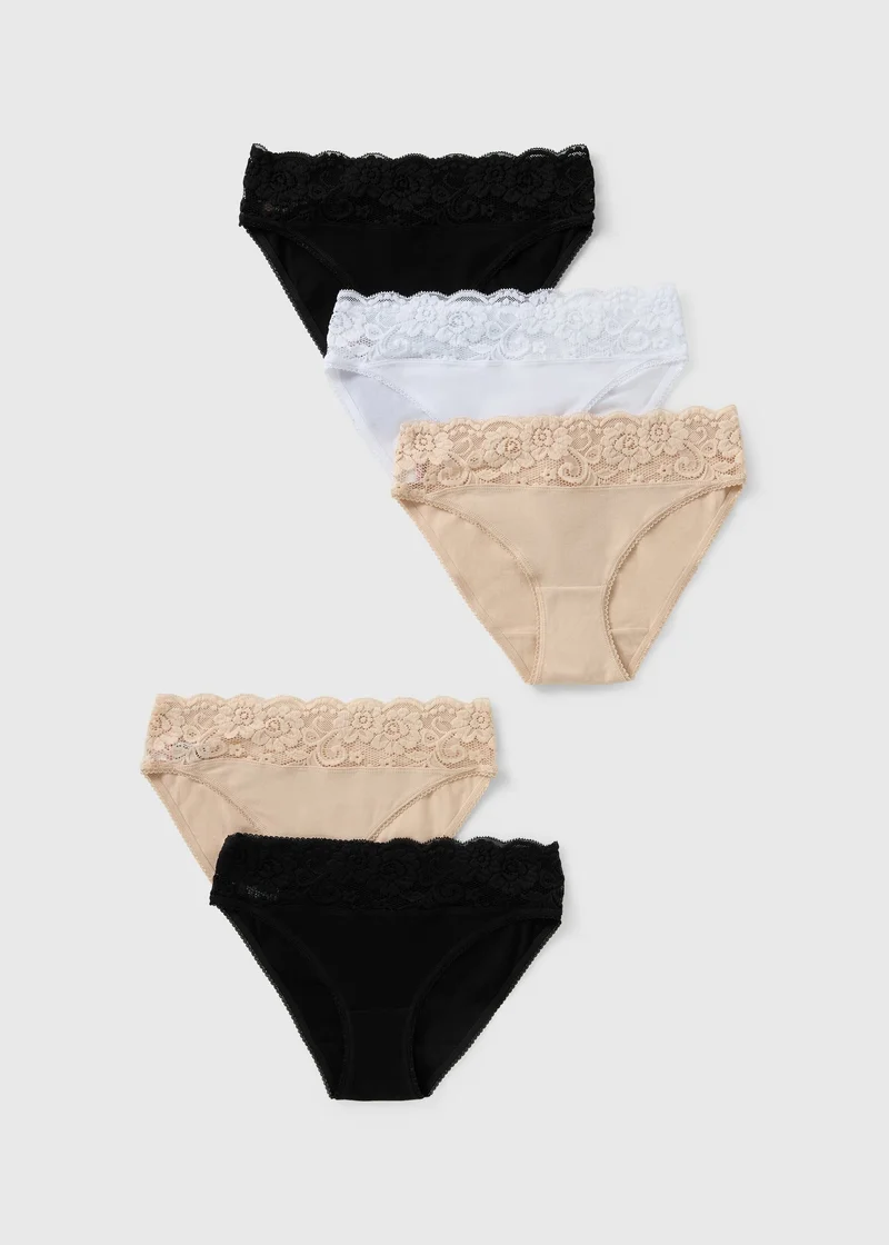 Matalan 5 Pack Multicolour Lace Trim High Leg Knickers
