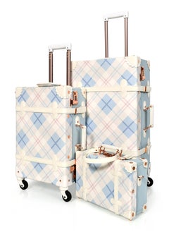 Morano Classic Leather Luggage 3 Pcs Set Blue and White 24''-20'''-14'''Inches with Built-in Combination Safety Lock