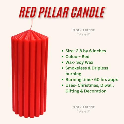 Floryn Decor Soy Wax Pillar Candles Set of 2 | Perfect for Christmas, Diwali, Gifting & Home Decor | Unscented, Red (Red, 1 Each Medium & Large) - Image 5
