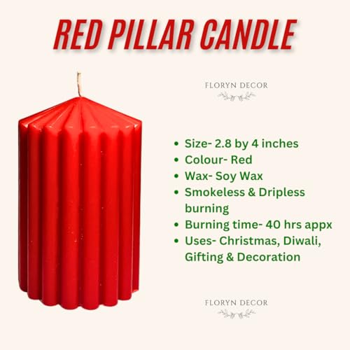 Floryn Decor Soy Wax Pillar Candles Set of 2 | Perfect for Christmas, Diwali, Gifting & Home Decor | Unscented, Red (Red, 1 Each Medium & Large) - Image 3