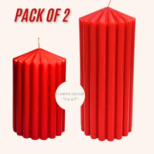 Floryn Decor Soy Wax Pillar Candles Set of 2 | Perfect for Christmas, Diwali, Gifting & Home Decor | Unscented, Red (Red, 1 Each Medium & Large) - Image 2