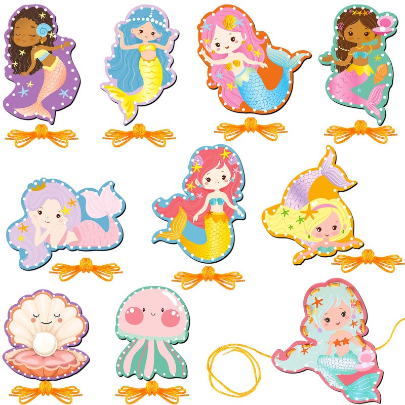 Pajean 10 Pcs Kids Lacing Cards Animal Sewing Cards Kits Double Sided Toddler Lacing Toys Crafts Developing Imagination Preschool Educational Learning Activity SuppliesMermaid Style - Image 3