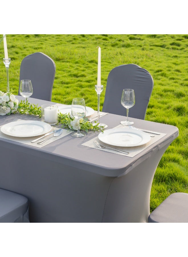 Restaurantware Table Tek 96 x 30 Inch Rectangle Table Covers, 10 Washable Spandex Tablecloths - Wrinkle-Free, Durable, Gray Polyester Fitted Tablecloths, For Parties, Banquets, or Weddings,  - Image 4