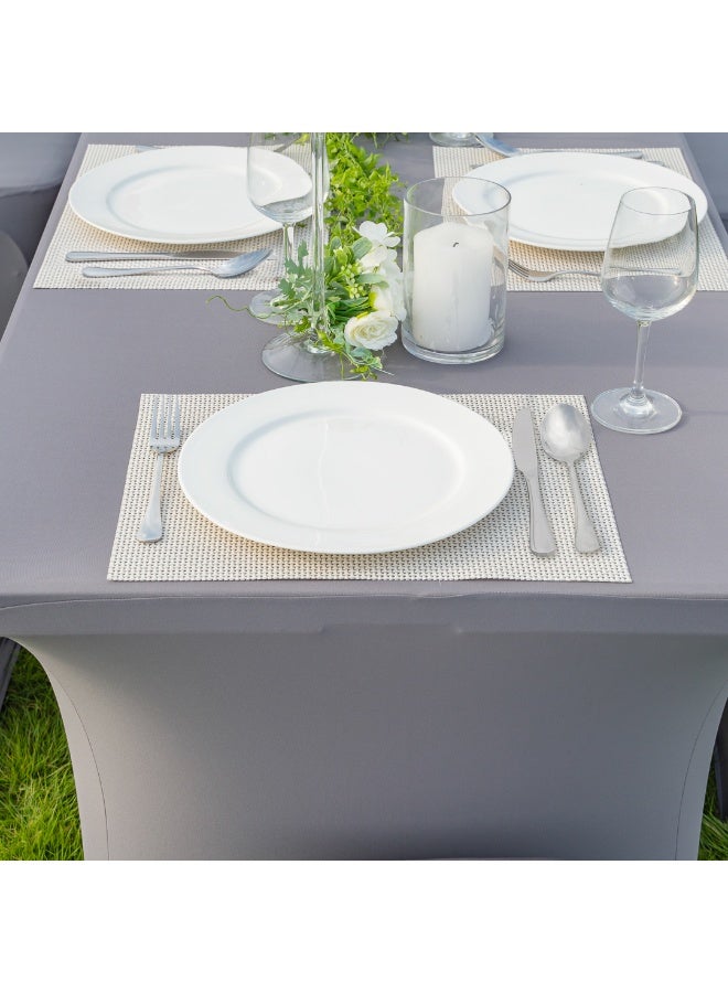 Restaurantware Table Tek 96 x 30 Inch Rectangle Table Covers, 10 Washable Spandex Tablecloths - Wrinkle-Free, Durable, Gray Polyester Fitted Tablecloths, For Parties, Banquets, or Weddings,  - Image 5