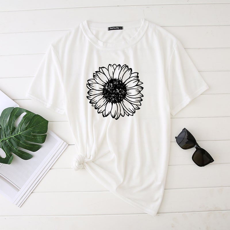 2020 Women's T-shirt Printed Sunflower Pattern Polyester Cotton T-shirt Women's Top s-9701 - Image 2
