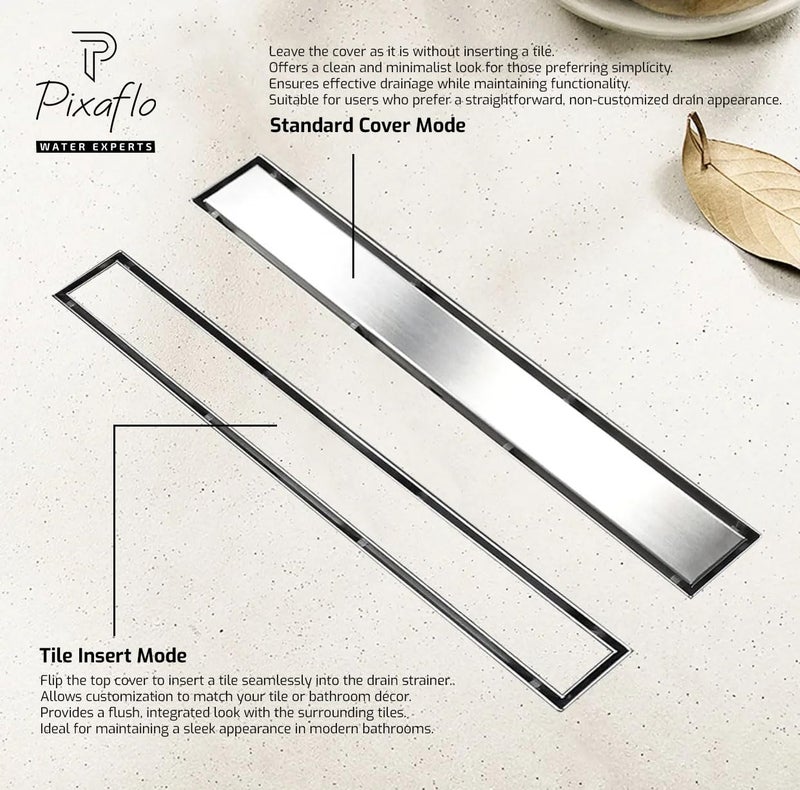 Pixaflo Tile Insert Shower Drain Channel | 12 x 4 inches | Invisible Floor Drain with Cockroach Trap | Side Hole | Compatible with 13mm Tiles | Durable 304 Stainless Steel Drain Jali with Collar - Image 2