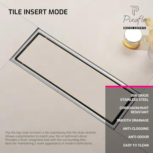 Pixaflo Tile Insert Shower Drain Channel | 12 x 4 inches | Invisible Floor Drain with Cockroach Trap | Side Hole | Compatible with 13mm Tiles | Durable 304 Stainless Steel Drain Jali with Collar - Image 4