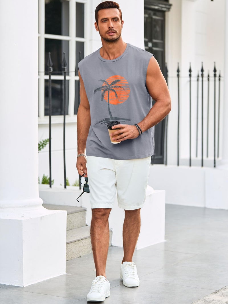 Runcati Mens Sleeveless Tank Tops Workout Gym Muscle Shirts Palm Tree Vintage Hawaiian Summer Beach T Shirts Gray - Image 4
