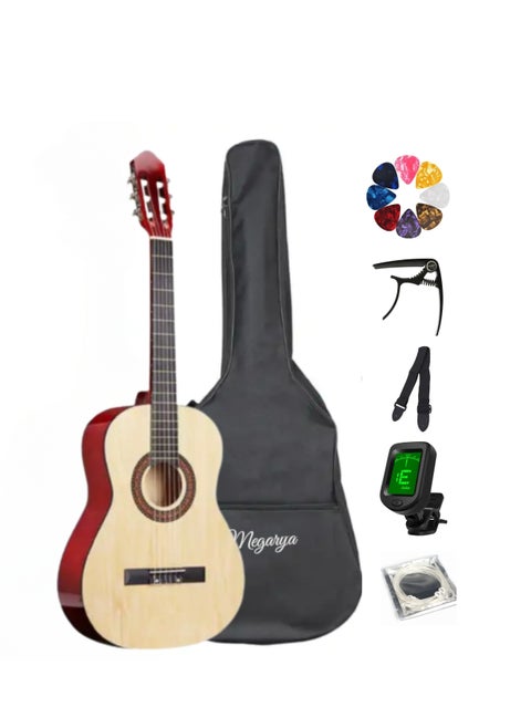 38” Classical Guitar with Nylon Strings Acoustic Guitar with Truss Rod for Beginner Professional with Bag, Strap, Capo, Picks, Strings, Tuner(Natural)