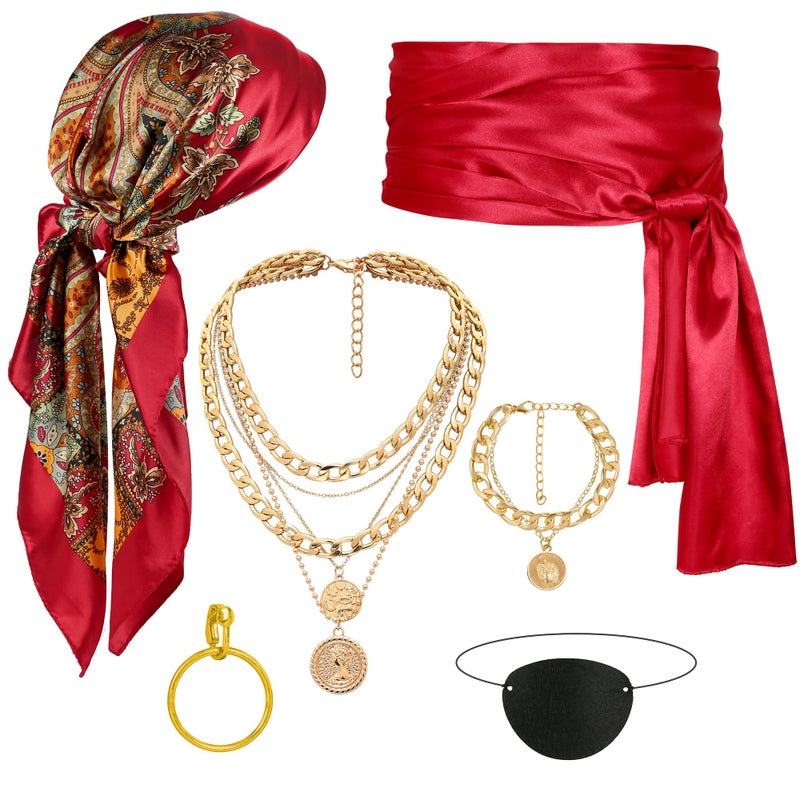 CICOCI Men Pirate Costume Accessories Set for Women: Pirate Hat, Head Scarf, Sash, Belt, Dress Accessories - Gold - Image 1