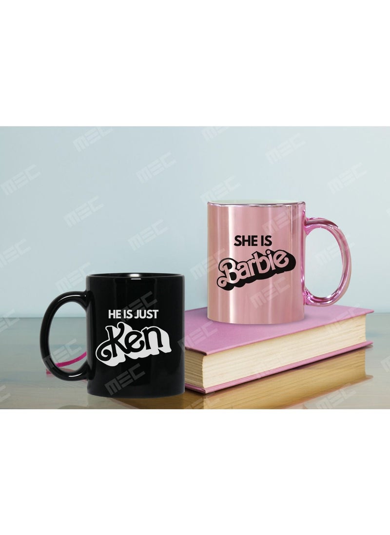 MEC - Set Of 2 She Is Barbie He Is Just Ken Printed Coffee Mug 11Oz Full Black & Pink Handle - Image 1