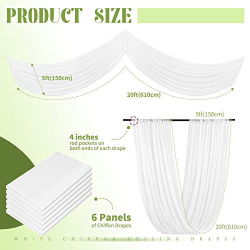 Showgeous 6 Panels White Ceiling Drapes for Wedding Ceiling Drapes 5ftx20ft Wedding Arch Draping Fabric Sheer Curtains Voile Chiffon Drapery Draping Wedding Ceiling Decorations for Party Ceremony Stage Swag - Image 2