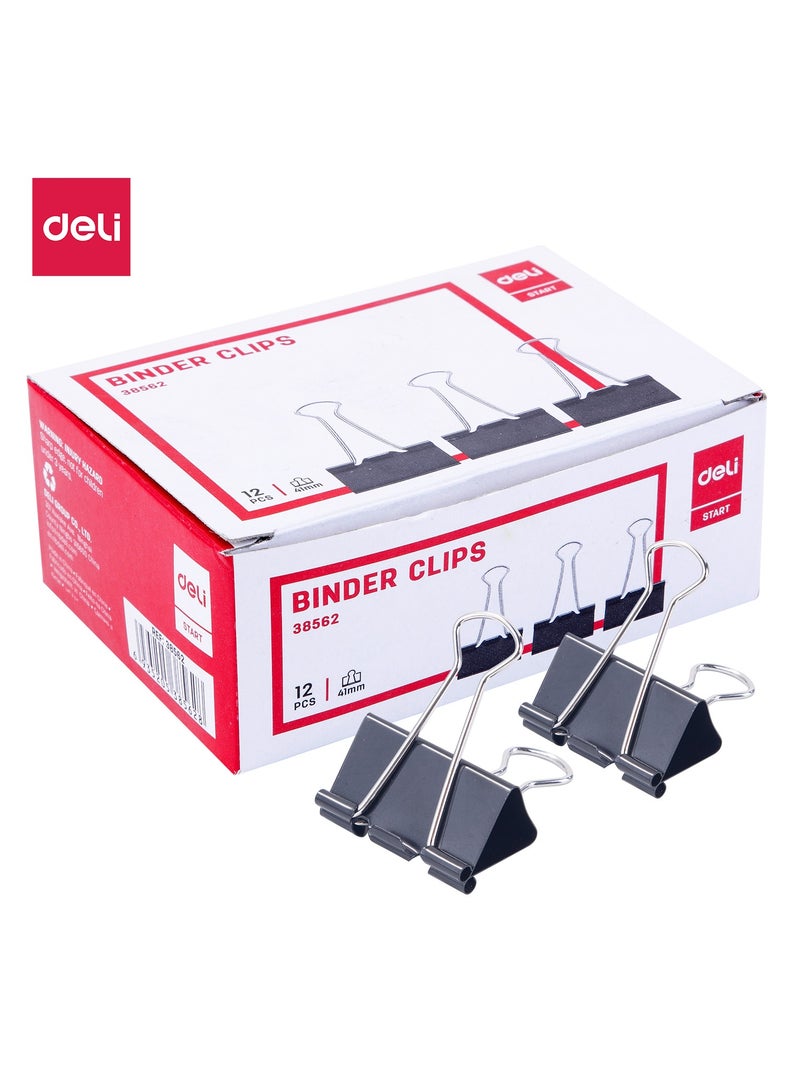 Deli E38562 Binder Clips 41mm Black Metal - 12pcs - ideal for office document binding - Image 1
